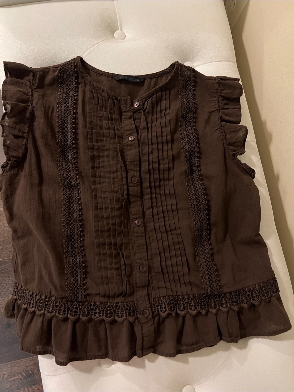 Zara Brown Ruffle Sleeve Button-Front Blouse